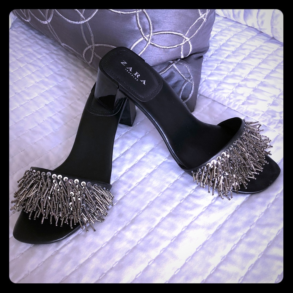 Zara Black Block Heel Sandals / Slides